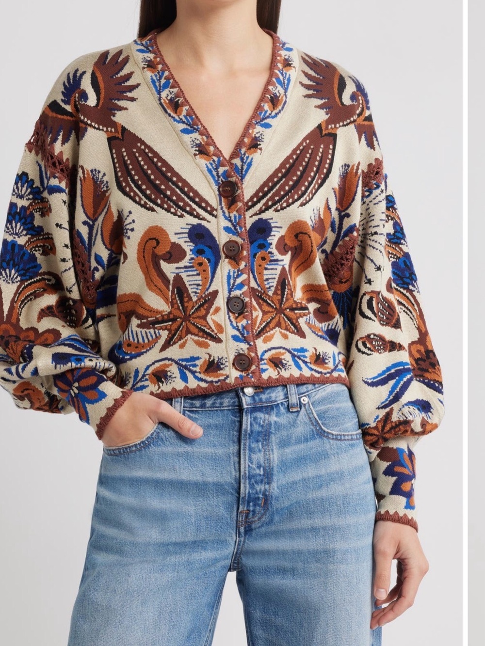 NWOT FARM RIO Viscose Blend Cardigan With Perforated /Embroidered Details Medium - Picture 5 of 9